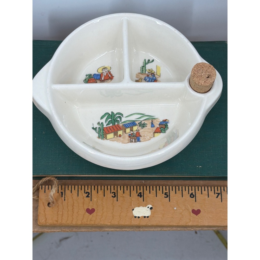 Vintage Excello Ceramic Divided Warming Dish Mexican Siesta Baby Plate with Cork